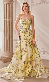 Lemon Yellow Floral-Print Long Prom Dress A0770