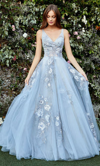 Floral-Embroidered Long Prom Ball Gown A0893