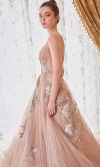 Floral-Embroidered Long Prom Ball Gown A0893