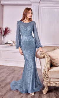 Pearl-Embellished Long Sleeve Formal Dress A0997