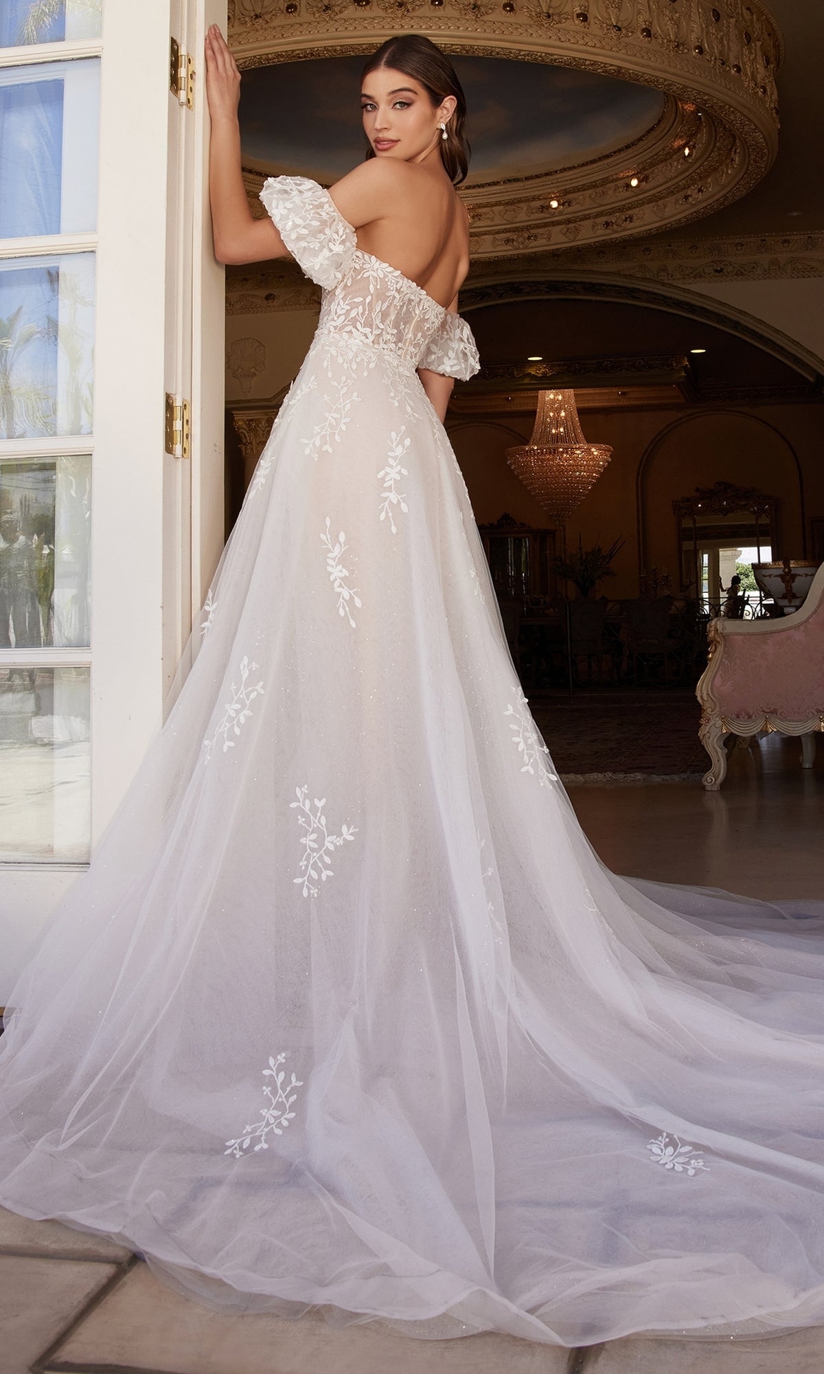 Puff-Sleeve Long White Wedding Dress A1014