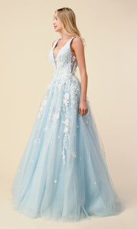 Plunging V-Neck Long Floral Prom Ball Gown A1028