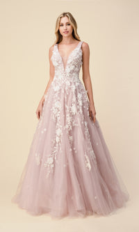 Plunging V-Neck Long Floral Prom Ball Gown A1028