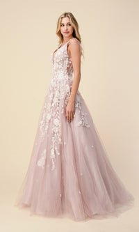 Plunging V-Neck Long Floral Prom Ball Gown A1028