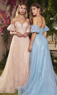 Strapless Puff-Sleeve Long Prom Ball Gown A1046