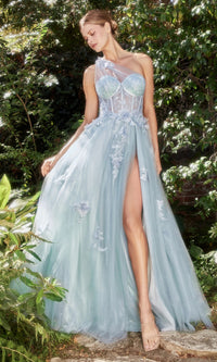 One-Shoulder Sheer-Bodice Long Prom Gown A1053