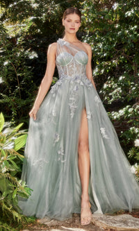 One-Shoulder Sheer-Bodice Long Prom Gown A1053