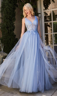 Crystal-Floral Sheer-Bodice Long Prom Dress A1057