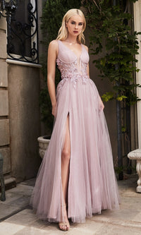 Crystal-Floral Sheer-Bodice Long Prom Dress A1057