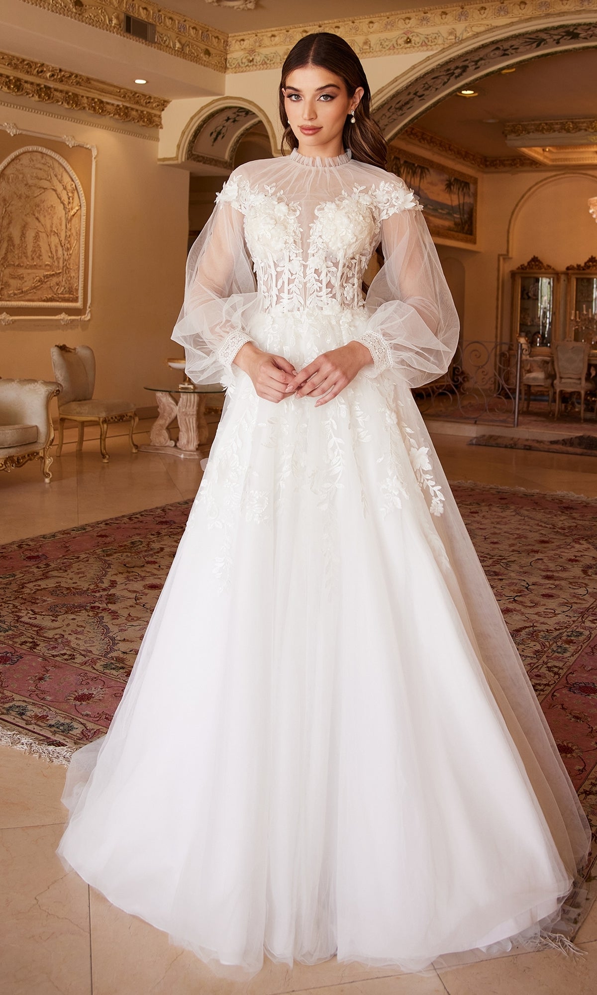 Sheer-Sleeve White Wedding Dress A1074W