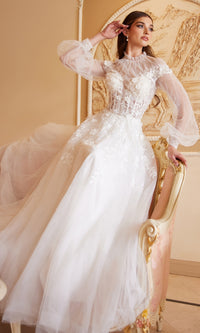 Sheer-Sleeve White Wedding Dress A1074W