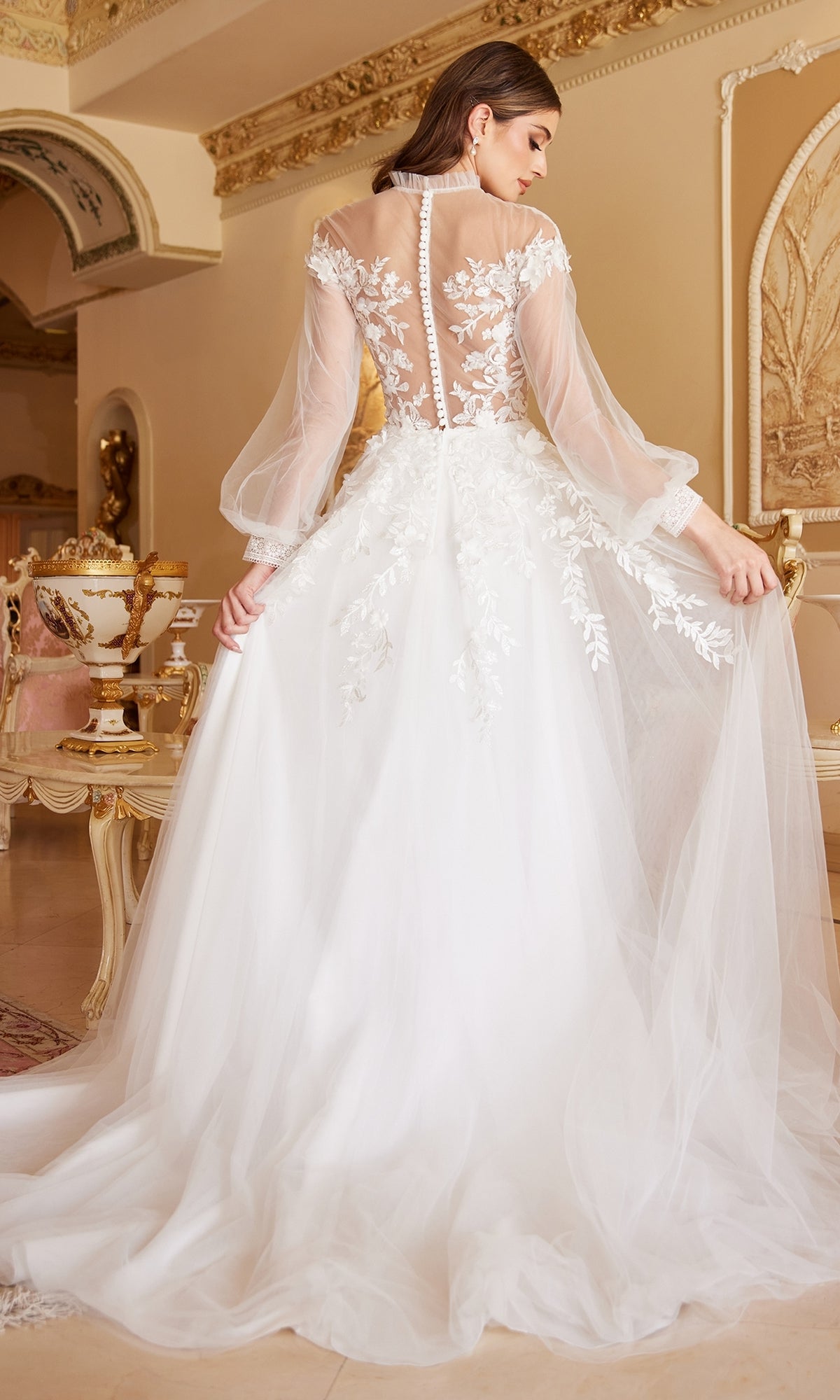 Sheer-Sleeve White Wedding Dress A1074W