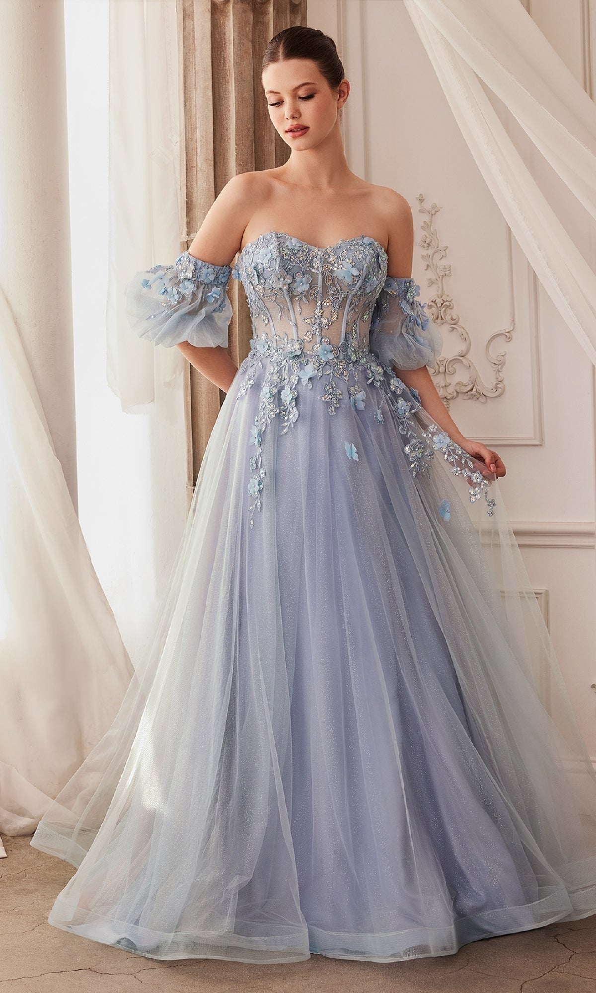 Strapless Puff-Sleeve Long Prom Dress A1108