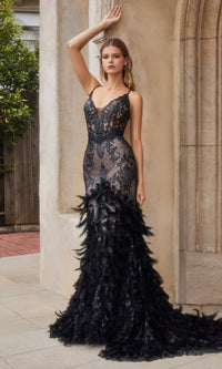 Long Mermaid Formal Gown with Feathers A1116