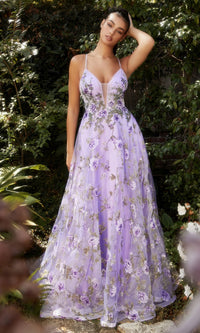 Lilac Purple Floral-Print Long Prom Dress A1135