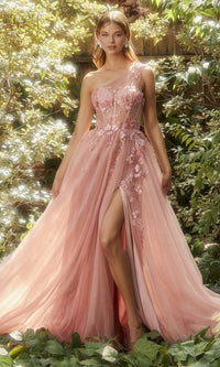 Sheer-Bodice One-Shoulder Prom Ball Gown A1140