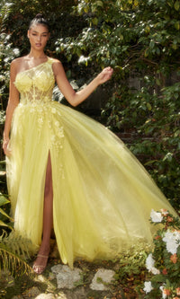 Sheer-Bodice One-Shoulder Prom Ball Gown A1140