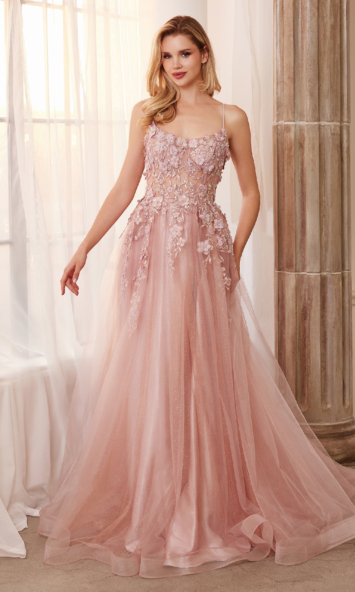 Flower-Embellished Long Tulle Prom Ball Gown A1142