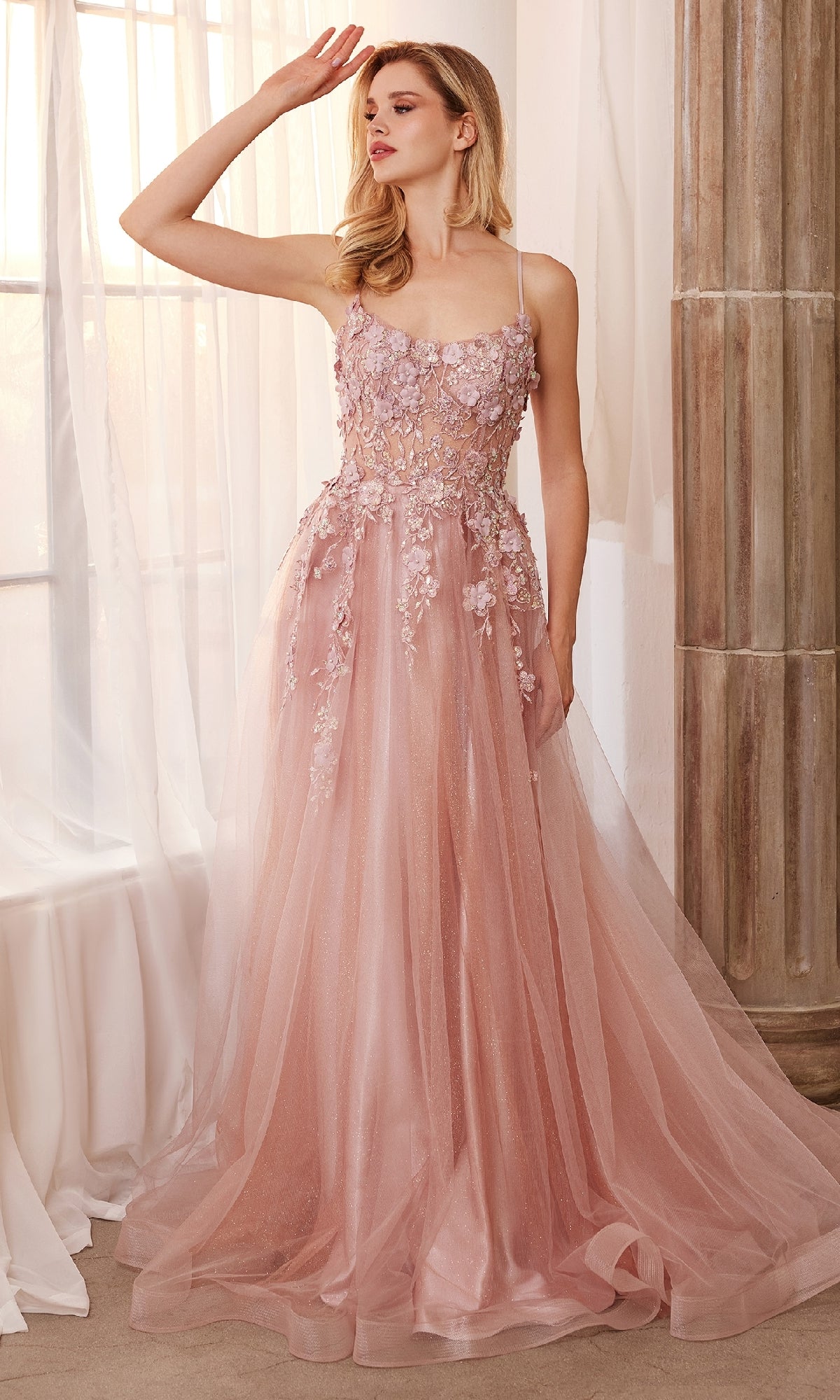 Flower-Embellished Long Tulle Prom Ball Gown A1142