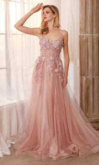 Flower-Embellished Long Tulle Prom Ball Gown A1142