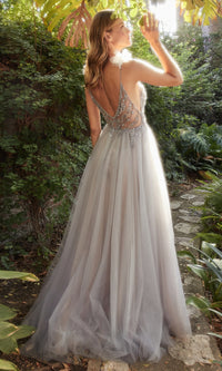 Sheer-Waist Smoky Blue Long Prom Ball Gown A1144