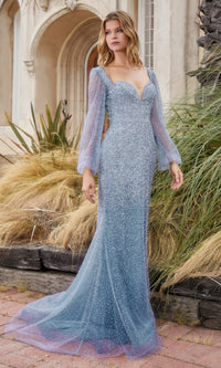 Long Sleeve Long Blue Beaded Evening Gown A1173