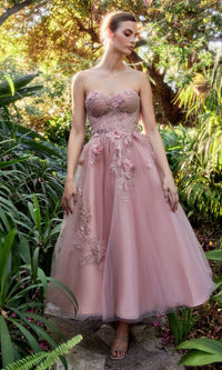 Blush Pink Strapless Tea-Length Prom Gown A1195