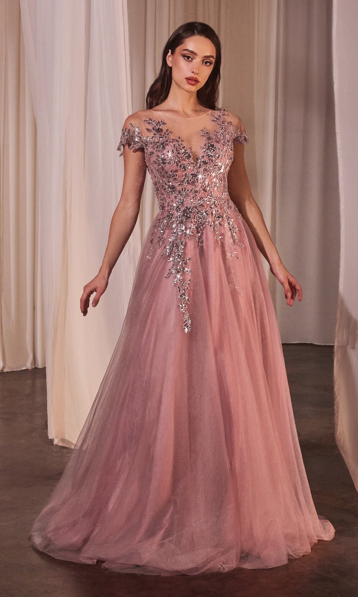 Long Dusty Rose A Line Prom Dress with Cap Sleeves