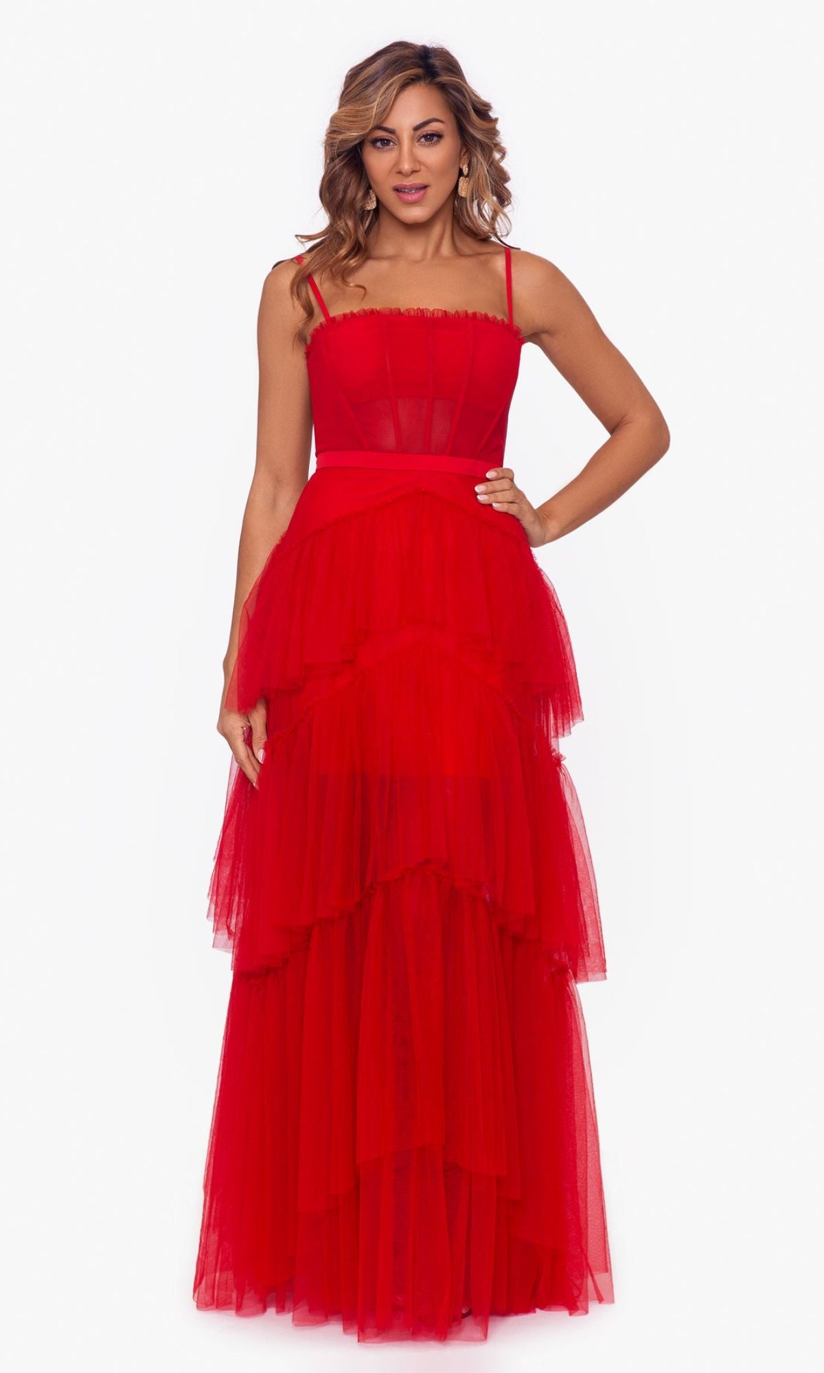 Straight Neck Long Tiered Prom Dress with Sheer Waist