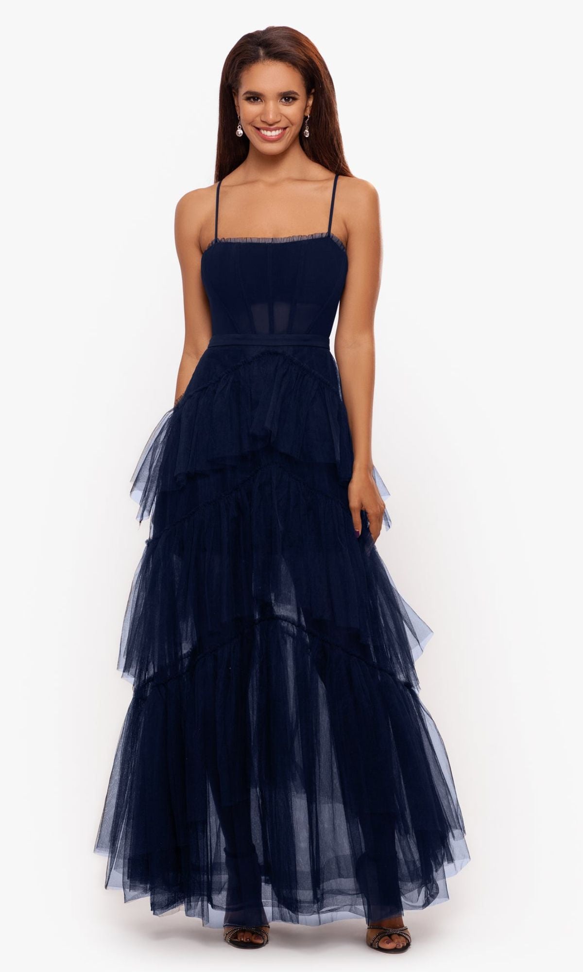 Betsy and Adam Long Ruffled Prom Dress A24201