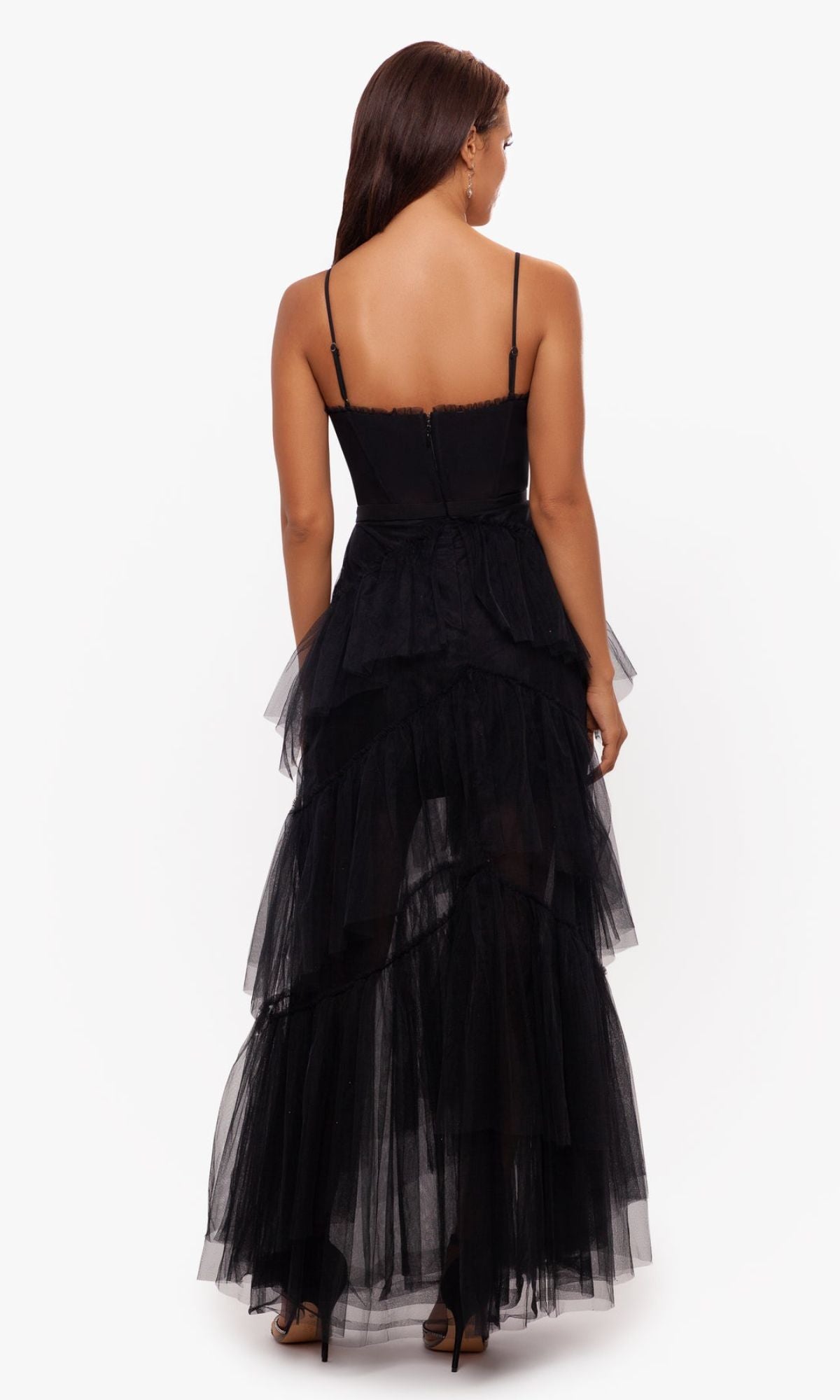 Betsy and Adam Long Ruffled Prom Dress A24201