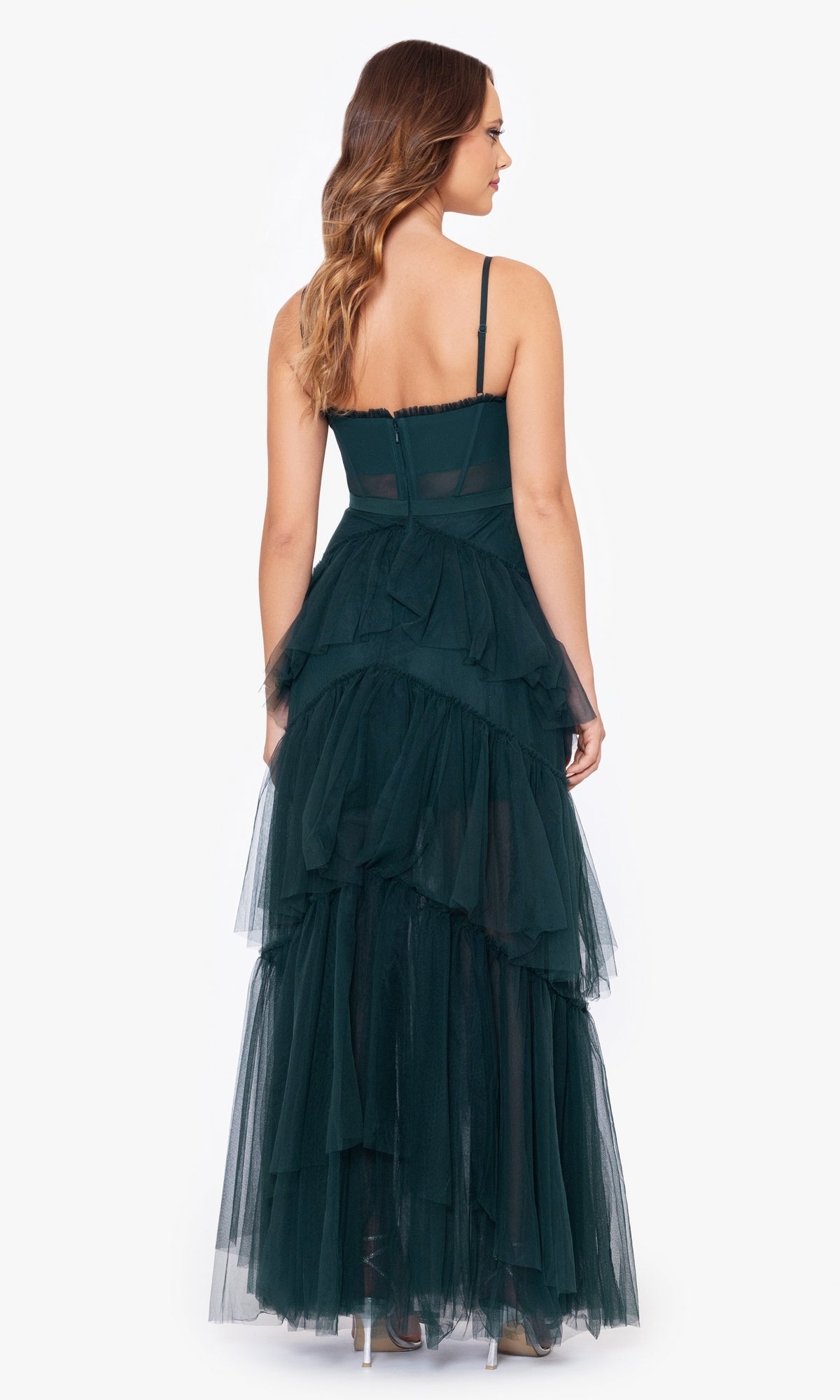 Betsy and Adam Long Ruffled Prom Dress A24201