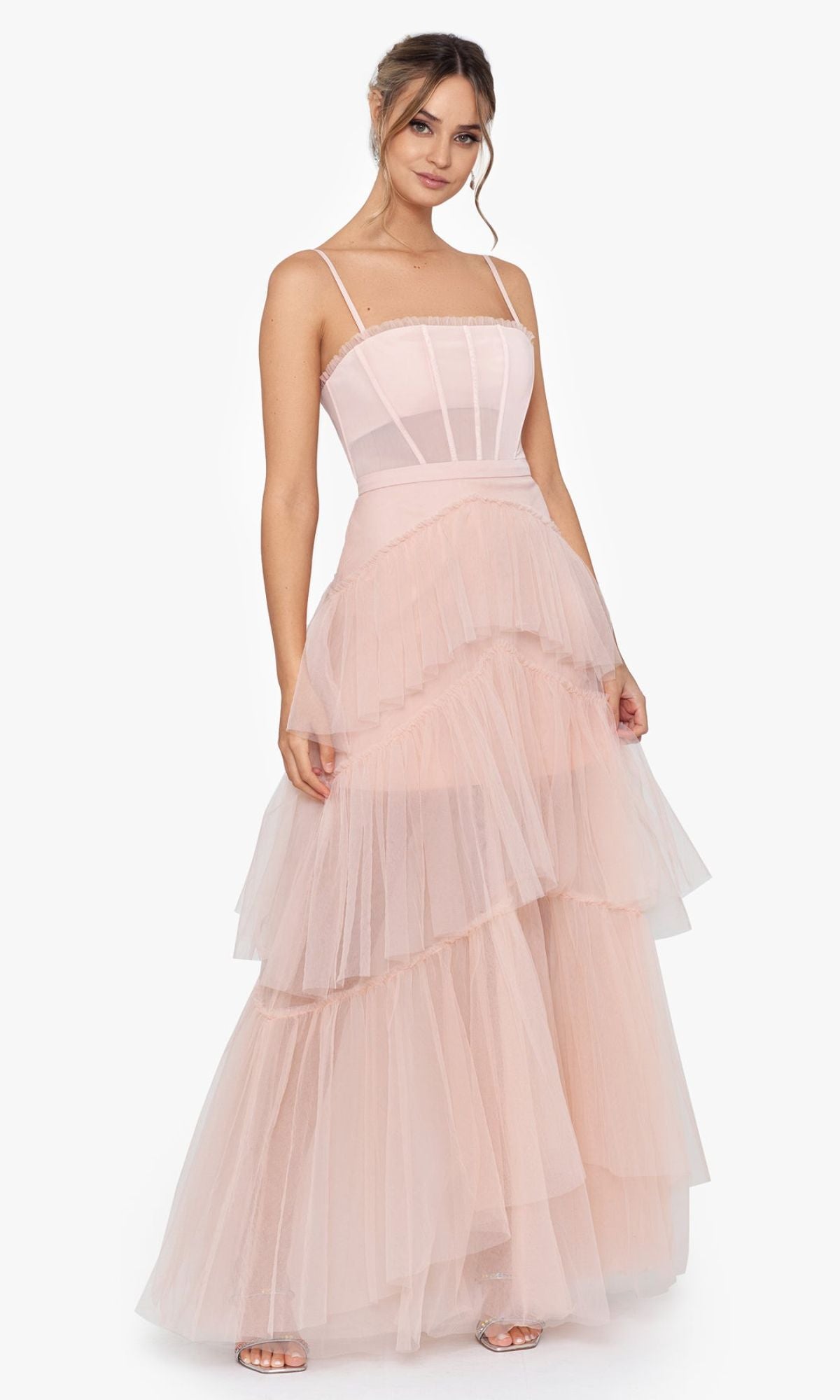 Straight-Neck Long Tiered Prom Dress with Sheer Waist