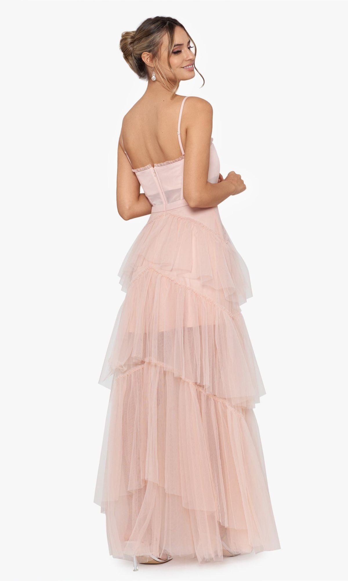 Betsy and Adam Long Ruffled Prom Dress A24201