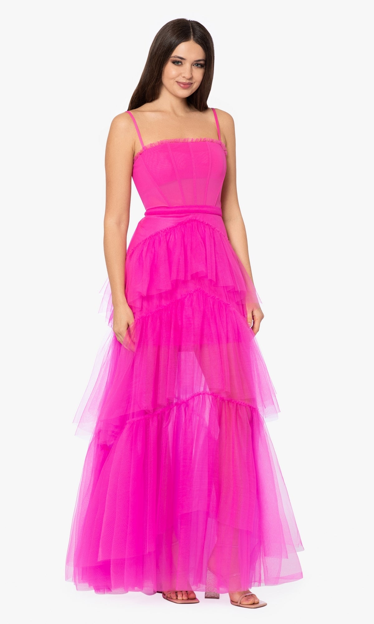 Betsy and Adam Long Ruffled Prom Dress A24201