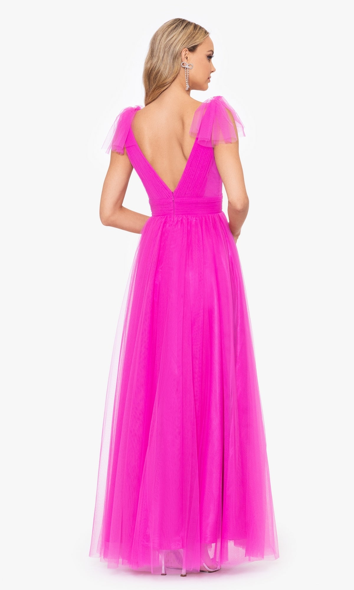 Betsy & Adam Shoulder-Bow Long Prom Dress A26256