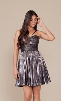 Pleated Metallic Homecoming Dress: Nox Anabel A825