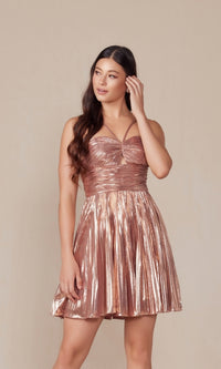 Pleated Metallic Homecoming Dress: Nox Anabel A825