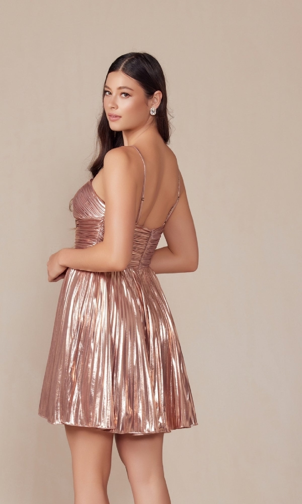 Pleated Metallic Homecoming Dress: Nox Anabel A825