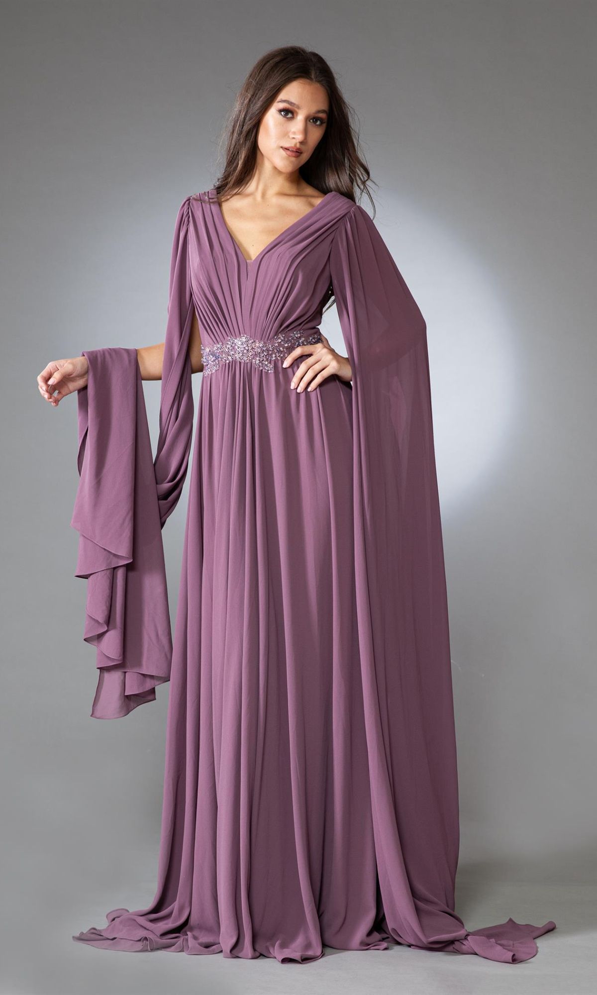 Drape-Sleeve Long Formal Dress AC0011