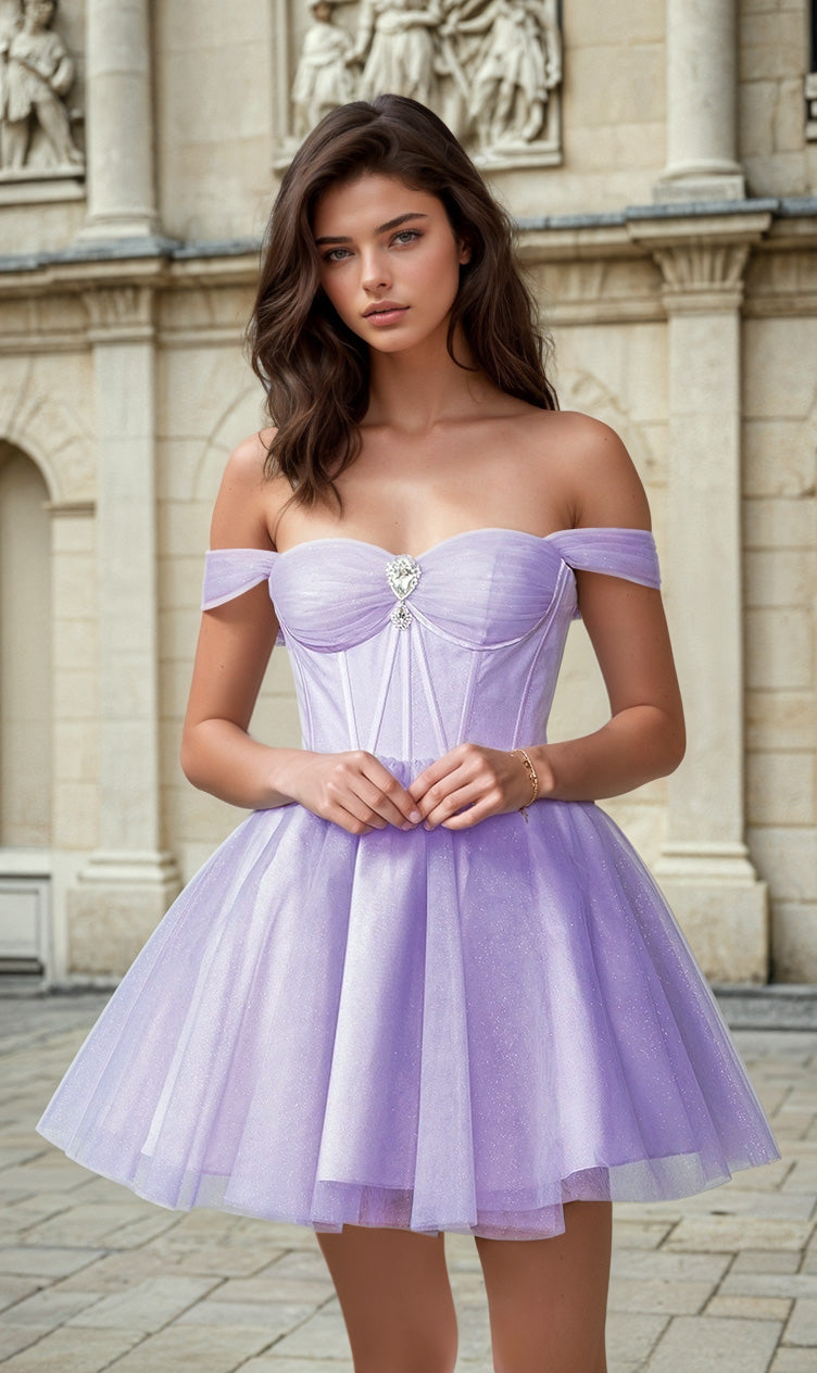 Off-Shoulder Short Fit-and-Flare Hoco Dress 3394