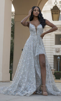 Silver prom dress with 2024 feathers