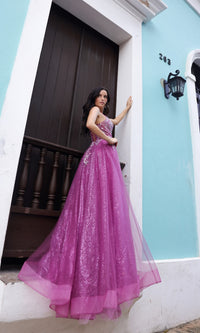 Glitter-Tulle Long Magenta Prom Dress C1407