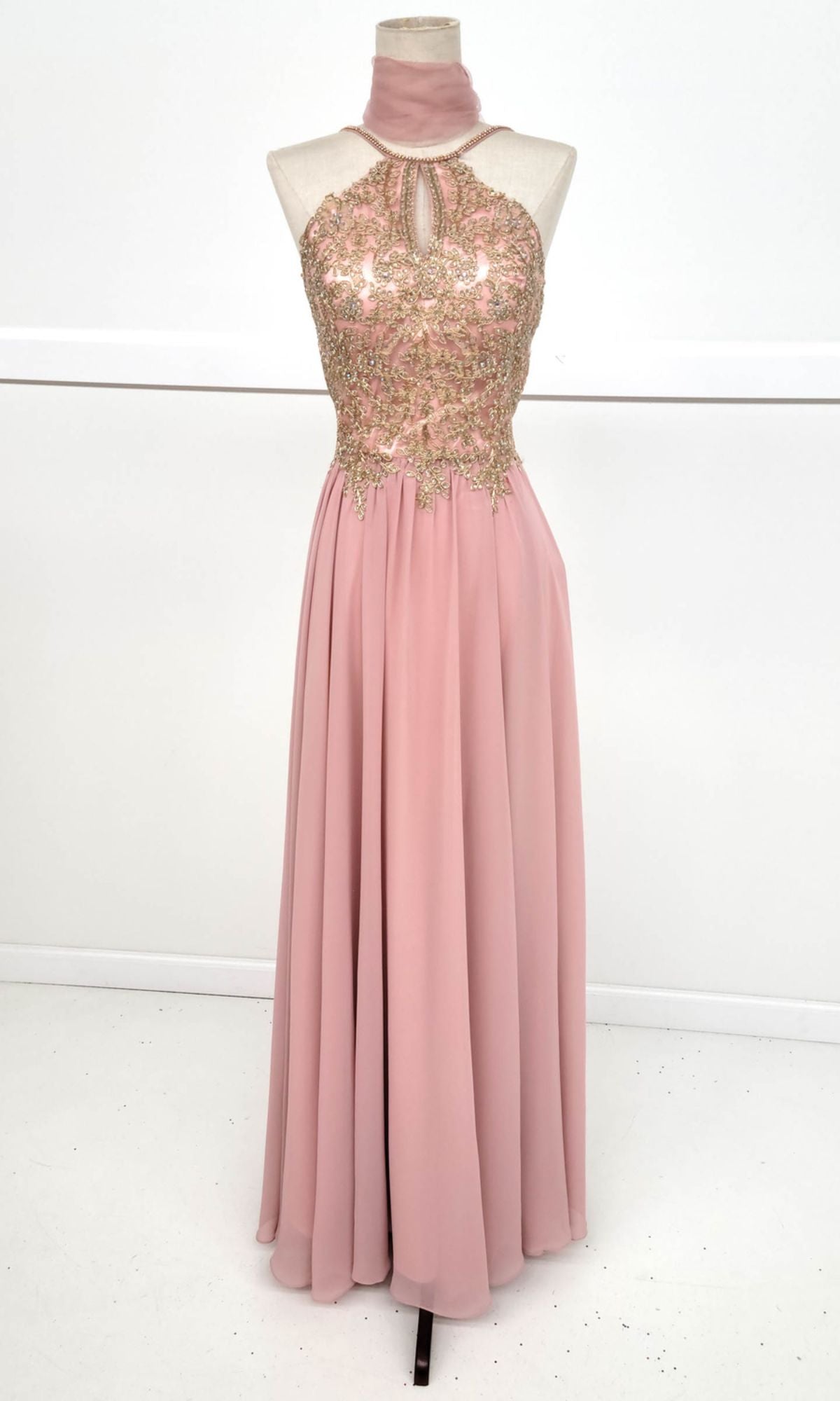 High-Neck Long A-Line Prom Dress: Chicas C1521