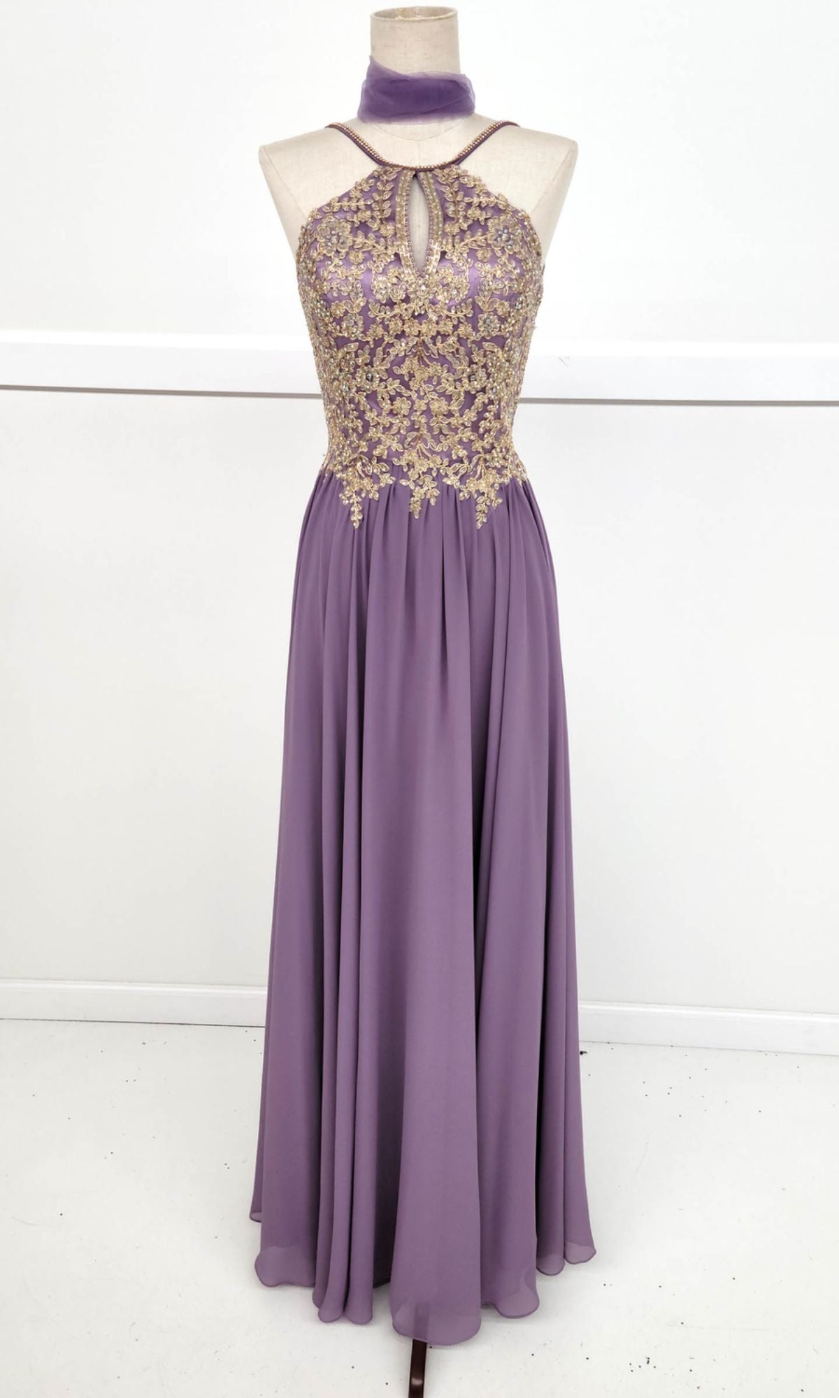 High-Neck Long A-Line Prom Dress: Chicas C1521