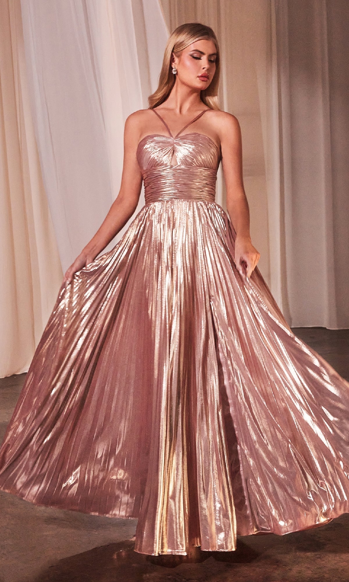 Long Pleated Metallic A-Line Prom Dress C153