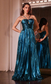 Long Pleated Metallic A-Line Prom Dress C153