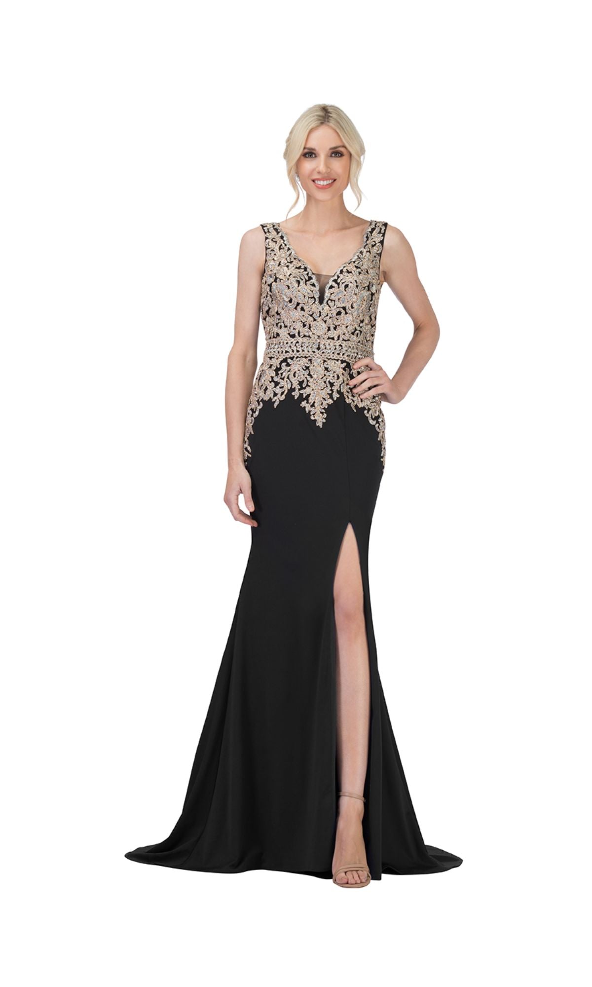 Embroidered-Bodice Long Prom Dress: Chicas C7530