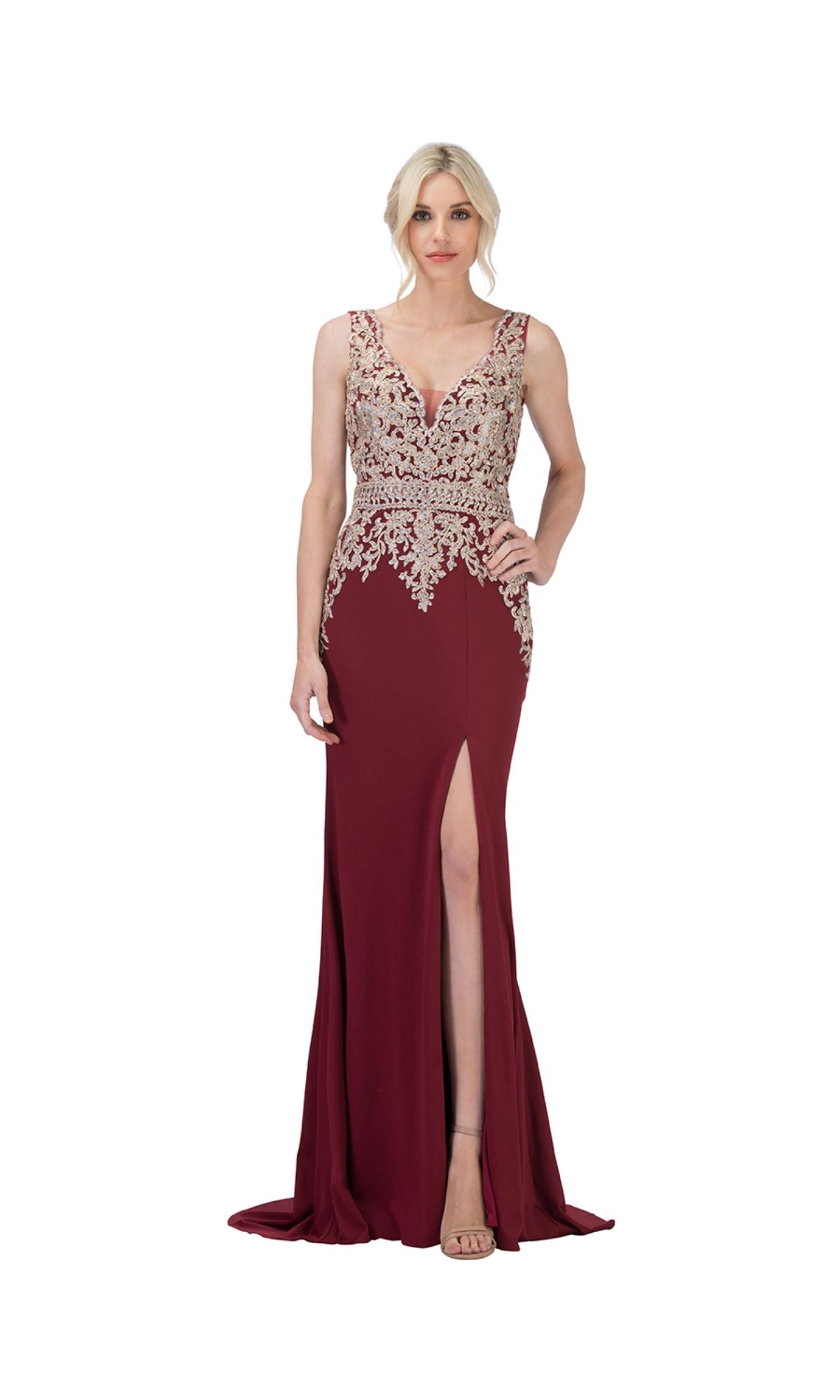 Embroidered-Bodice Long Prom Dress: Chicas C7530