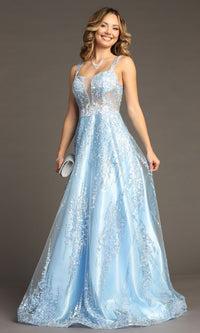 Light Blue Long Glitter Prom Dress: Chicas C821